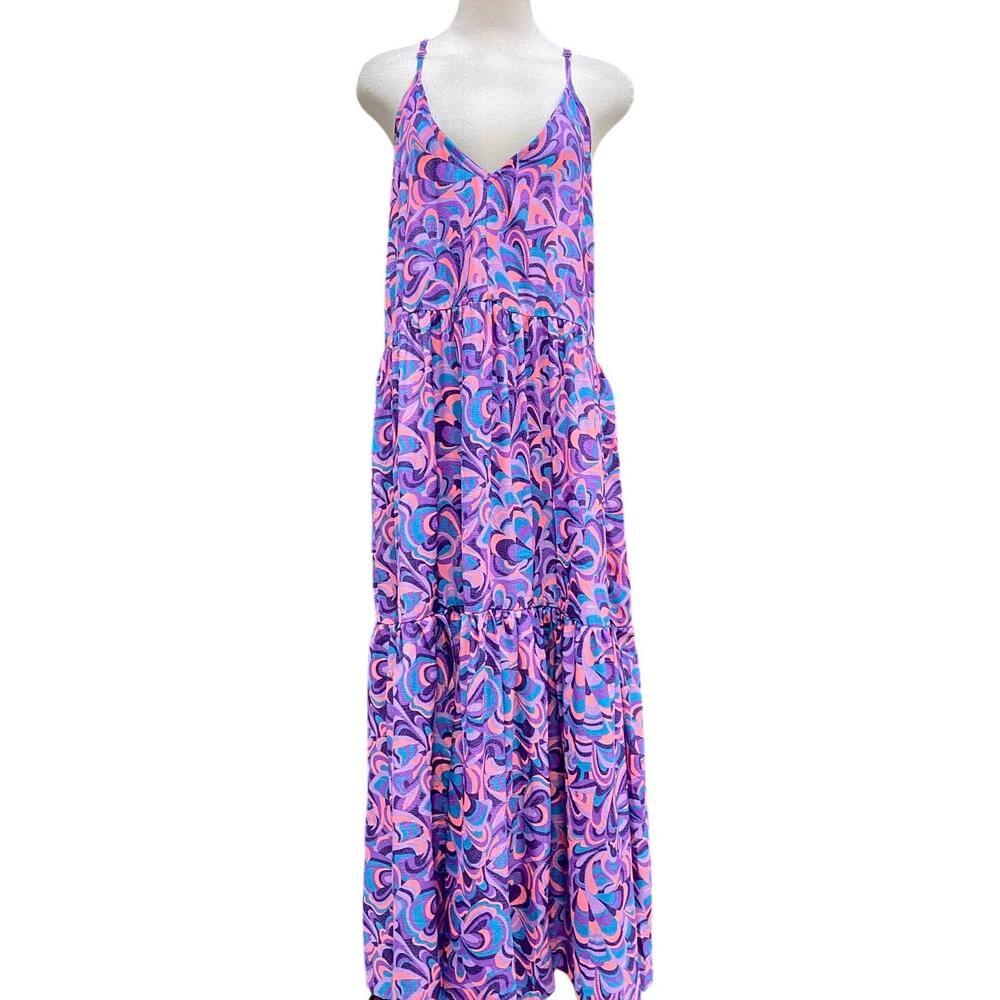 Gold & Silver Paris Colorful Trippy Boho Tiered Racerback Maxi Dress US Small